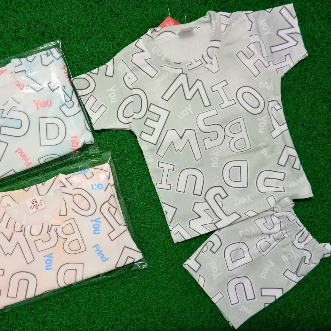 Premium Alphabet Print Baby Night Suit 3-Piece Set for 1-2 Years – Soft Cotton Sleepwear